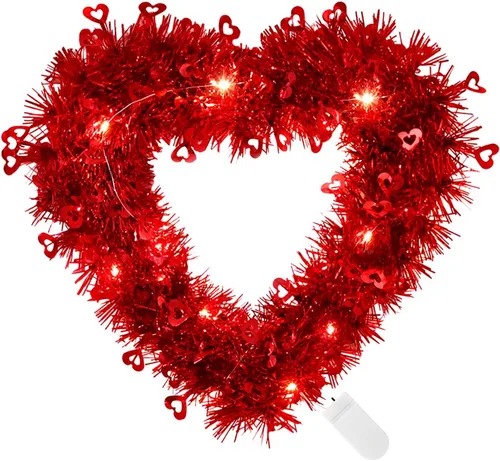 Corona de corazón preiluminada, corona de corazón para el día de San Valentín, coronas de corazón rojo de San Valentín, coronas en forma de corazón,