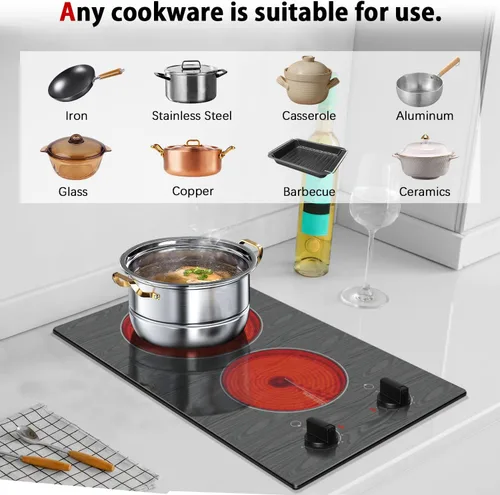 Vista 5 de Karinear Placa de Cocina Eléctrica de 2 Quemadores, 110v Estufa Eléctrica Portátil con Perilla, Placa de Cocina de Vidrio, Hermoso Patrón de Veta