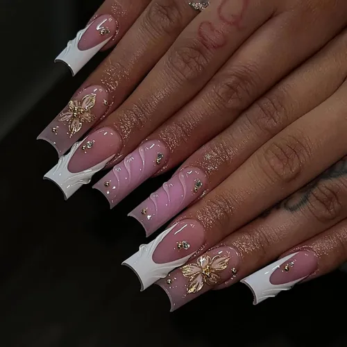 Vista 17 de BABALAL Uñas postizas cuadradas a presión, uñas postizas largas, punta francesa gris, pegamento en 3D, diseño metálico, uñas acrílicas góticas, 24