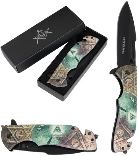 Vista 2 de Cuchillo de bolsillo masónico plegable, cuchillo de bolsillo de hoja de acero inoxidable de 5.00 pulgadas con impresión masónica Mango de acabado