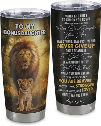 Vista 39 de Vaso de acero inoxidable personalizado con texto en inglés «To My Bonus Daughter From Stepmom», vaso curvado de 20 onzas con diseño de girasol