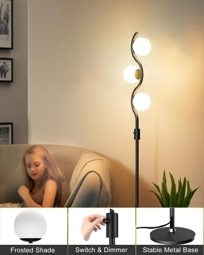 Vista 3 de bulbeats Lámpara de pie de mediados de siglo de 60 pulgadas, regulable (brillo ajustable) lámparas de pie con 3 bombillas de globo de 3000 K, suave