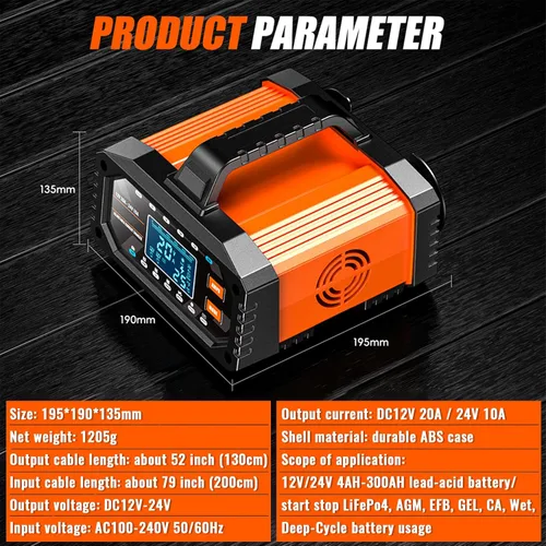 Vista 8 de Cargador de batería automático de 20 A, 12 V/24 V, corriente ajustable, 0.5A-20A, LiFePO4, mantenedor de batería completamente automático, cargador