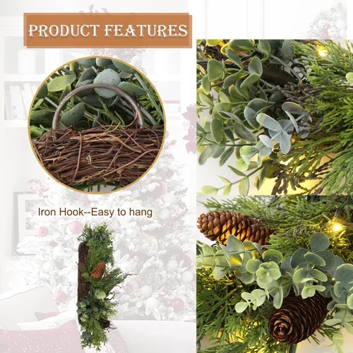 Vista 2 de Corona de Navidad preiluminada para puerta delantera, corona verde decorada con conos de pino, racimos de bayas, ramas de ajuste abundante, coronas