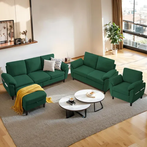 Vista 7 de Juego de sofás modulares de 3 piezas, sofás de 3 plazas en forma de L y sofá biplaza con sillón y otomana de almacenamiento para sala de estar, Verde