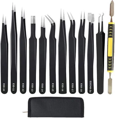 Juego de pinzas de precisión, 12 piezas antiestáticas de acero inoxidable ESD para reparación de electrónica, soldadura, manualidades, joyería y