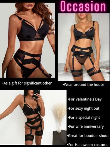 Vista 6 de Garter - Lencería con liguero para mujer sexy de encaje y traslúcida a juego de 4 piezas