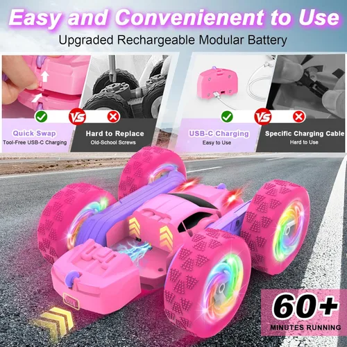 Vista 2 de Auto a control remoto, autos RC para niñas, rastreador RC de doble cara de 2.4 GHz con batería modular USB-C mejorada, juguetes de automóvil