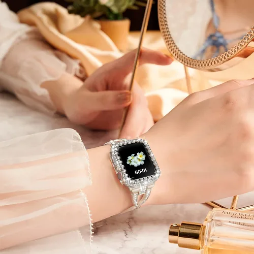 Vista 2 de Funda brillante compatible con Apple Watch Series 6/5/4/SE 3/SE 2/SE de 1.575 pulgadas, cubierta protectora de diamante para mujer, protector