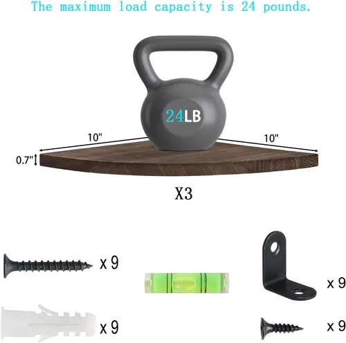 Vista 3 de Estantes Joiishom 3, rústicos de madera para esquina de pared, 10x10x0.7 pulgadas, capacidad de 42 libras