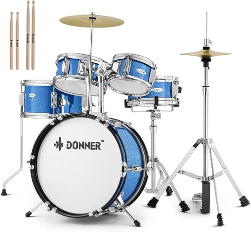Vista 11 de Donner - Juego de batería infantil de 5 piezas para principiantes, kit de batería junior de 14 pulgadas, con trono ajustable, platillo, Hi-Hat