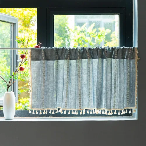 Vista 24 de Deeprove Cenefa de Cortina Boho Aqua de 18 Pulgadas de Largo, Celosía Bohemia Verde Azulado Cuadros Vichy con Textura Bordada, Borlas Vintage