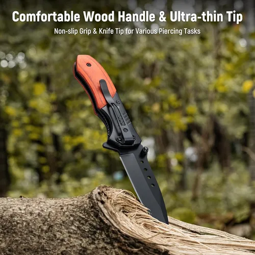 Vista 6 de KEXMO Navaja de bolsillo para hombre – Cuchillos plegables de bolsillo con mango de madera de hoja afilada con clip, rompedor de vidrio, cuchillos