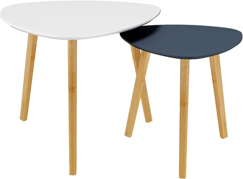 Vista 5 de BAMEOS Mesa auxiliar triangular anidable de bambú, juego de 2 mesas auxiliares modernas minimalistas para sala de estar, balcón en blanco y gris