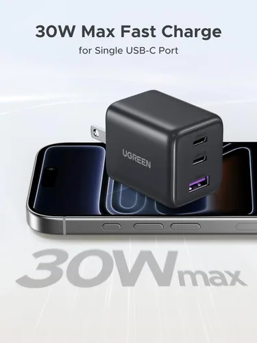 Vista 3 de UGREEN Paquete de 1 cargador de 30 W para iPhone 17 de carga rápida, bloque de cargador GaN de 3 puertos con cable USB-C de 6.6 pies para iPhone