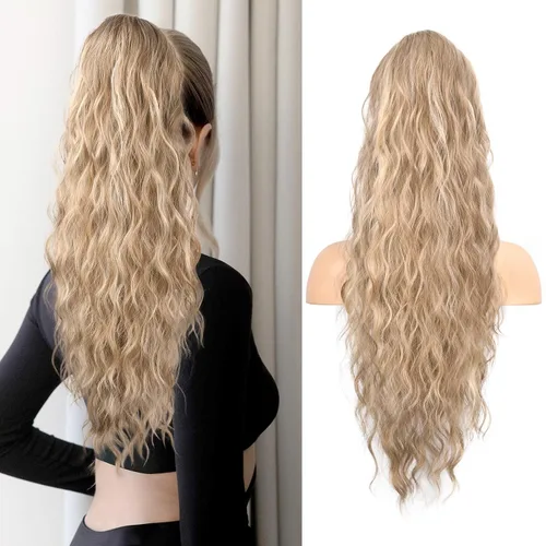 Vista 29 de FLUFYMOOZ Extensión de cola de caballo de 22 pulgadas, extensiones de cabello sintético ondulado largo y rizado para mujer