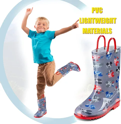 Vista 5 de Disney Mickey Mouse - Botas de lluvia de PVC para niños, ligeras e impermeables, con asa fácil de poner, para niños pequeños y pequeños, color gris
