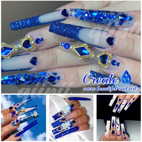 Vista 3 de 24 piezas de dijes de uñas azules de lujo + 2000 piezas de piedras preciosas de zafiro 3D, grandes gemas de uñas, cristales de uñas azul real