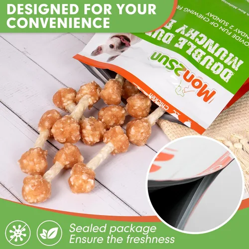 Vista 6 de MON2SUN Golosinas para perros, mini masticables de cuero crudo de 9 onzas, mancuernas de pollo con arroz para perros pequeños y razas de juguete