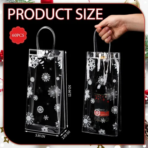 Vista 2 de Gueevin 60 bolsas de regalo transparentes de Navidad con asas, bolsas de plástico a granel para dulces, copos de nieve, bolsas de regalo