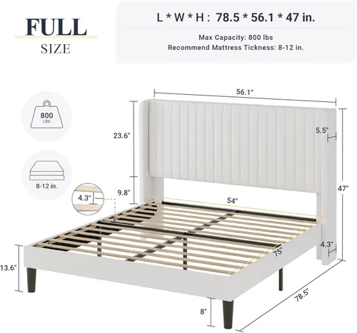 Vista 82 de Allewie Marco de cama de terciopelo tamaño Queen, cabecera capitonada con canal vertical, plataforma tapizada, listones de madera fuertes, no Blanco
