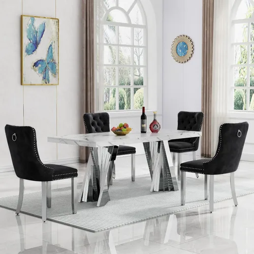 Vista 69 de HomVent Juego de mesa de comedor de mármol sintético de 68 pulgadas con 4 Mesa negra con 4 sillas beige