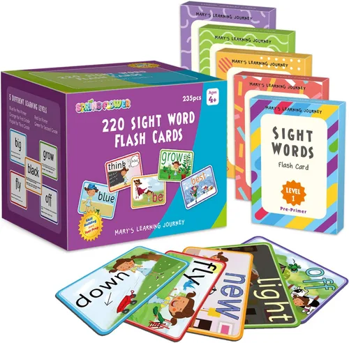 Tarjetas de palabras de vista SpringFlower con imágenes, movimientos y oraciones, 220 palabras de vista Dolch para preescolar, jardín de infantes,