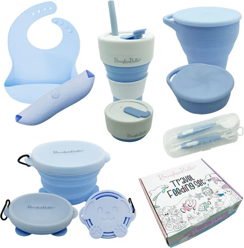 Juego de alimentación para bebés, suministros de alimentación plegables para viajes, cuenco de silicona de grado alimenticio, plato para bebé,