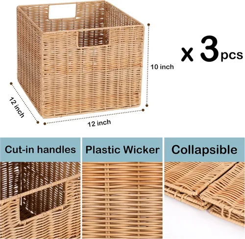 Vista 4 de Cesta de almacenamiento de mimbre de plástico de 12x12x10 pulgadas, cesta de almacenamiento de cubo de mimbre plegable para estantes, cesta