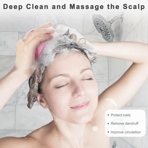 Vista 4 de FREATECH Cepillo de champú masajeador con cerdas de silicona suaves para el cuidado del cuero cabelludo, exfoliante para el cabello de ducha