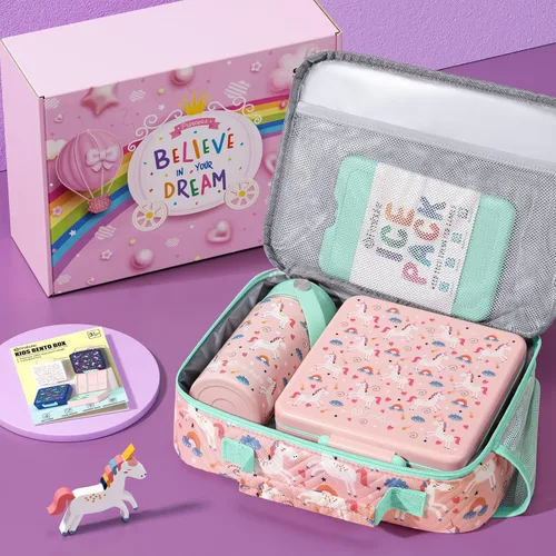 Vista 3 de Fimibuke Lonchera Bento para Niños con 4 Compartimentos, Bolsa de Almuerzo Aislada, Botella de Agua Aislada de Acero Inoxidable, Paquete de Hielo