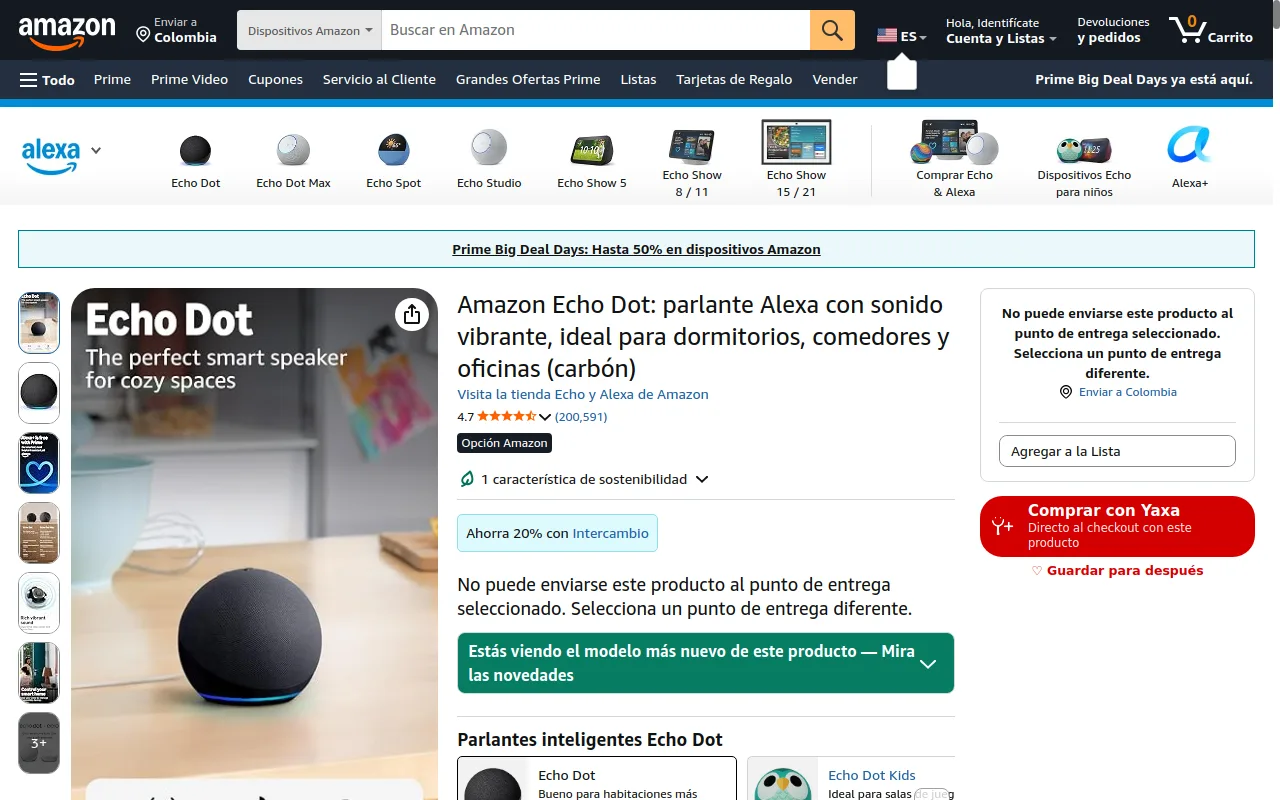 Botón «Comprar con Yaxa» en una ficha de producto de Amazon