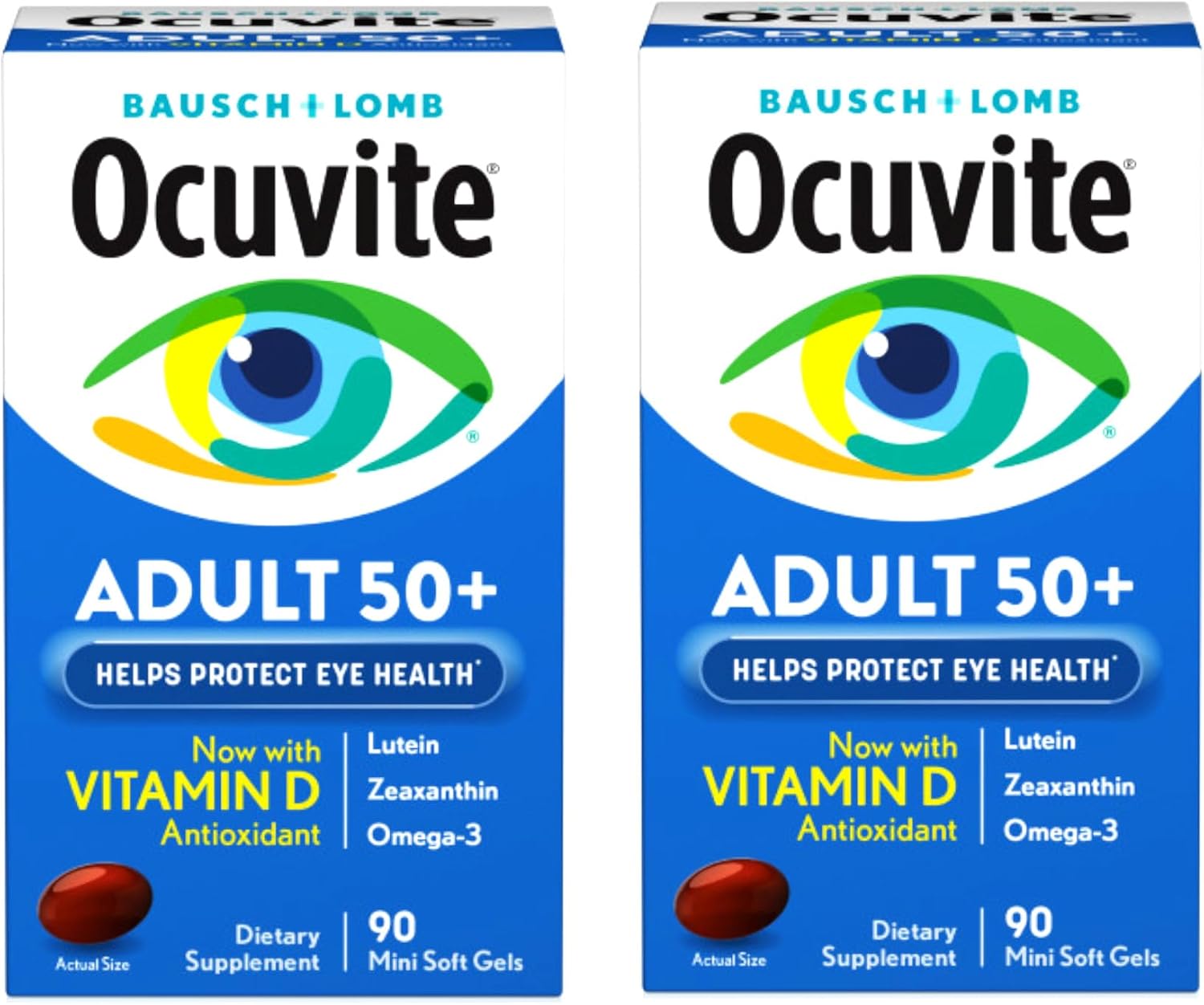 16. Ocuvite Adultos Más de 50 Vitaminas y Suplementos Minerales para la Salud Ocular con Luteína, Zeaxantina y Omega-3, 90 geles blandos (paquete de 2)