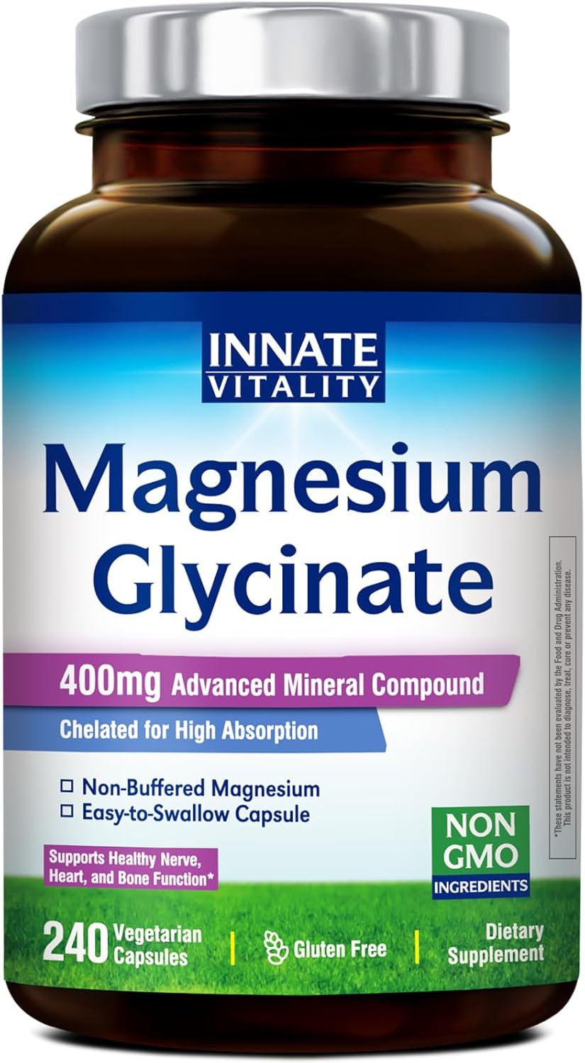 6. Innate Vitality Glicinato de magnesio 400 mg, suplemento de magnesio no tamponado y de alta absorción para dormir, relajación, salud cardíaca y ósea