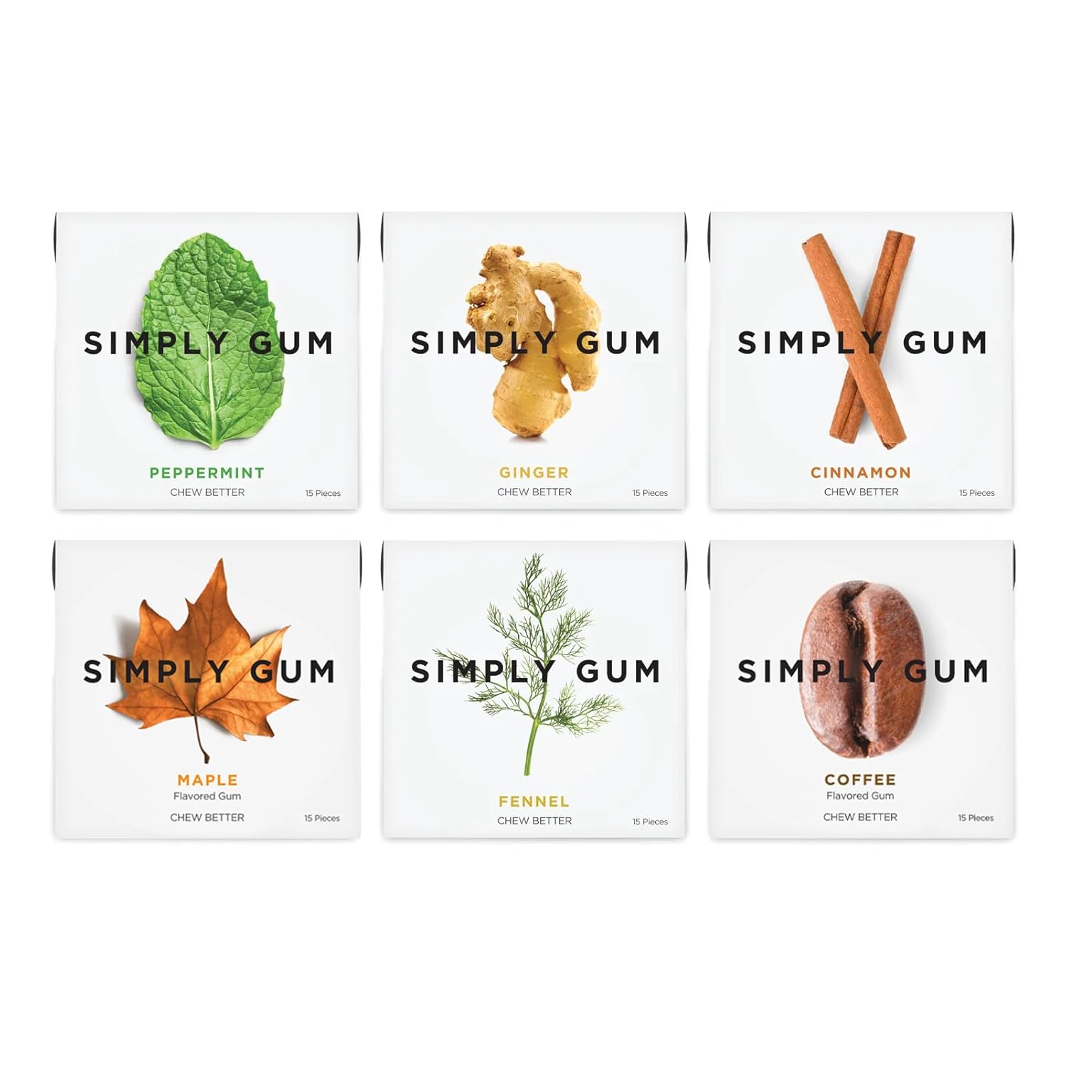 Goma de Mascar Natural Surtida de Simply Gum, sin OGM, Vegana, 6 paquetes (90 piezas), incluye Menta, Canela, Jengibre, Hinojo, Café, Arce