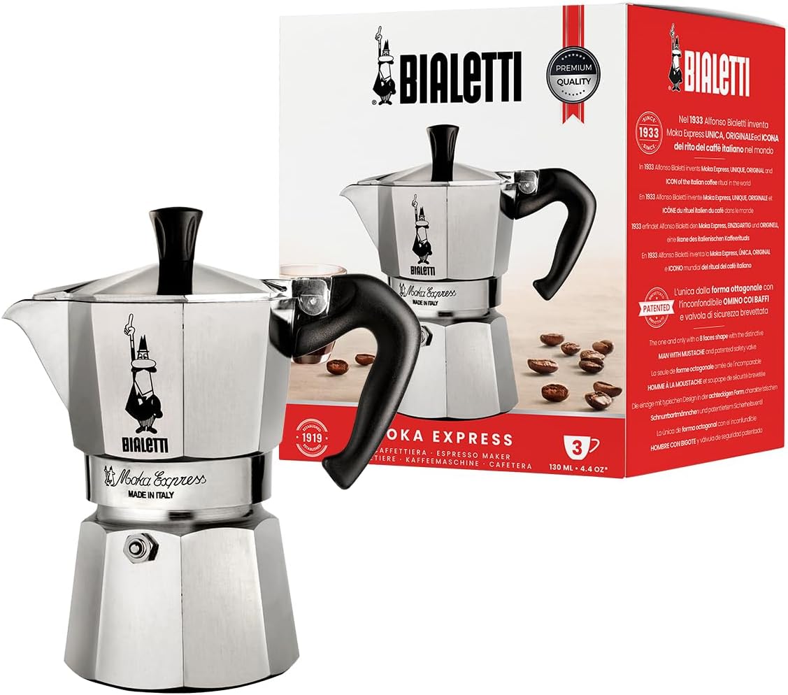 Moka Express Cafetera espresso icónica para estufa, prepara auténtico café italiano, Moka de 3 tazas (4.4 onzas / 130 ml), aluminio, color plateado, producto más comprado en Escazu