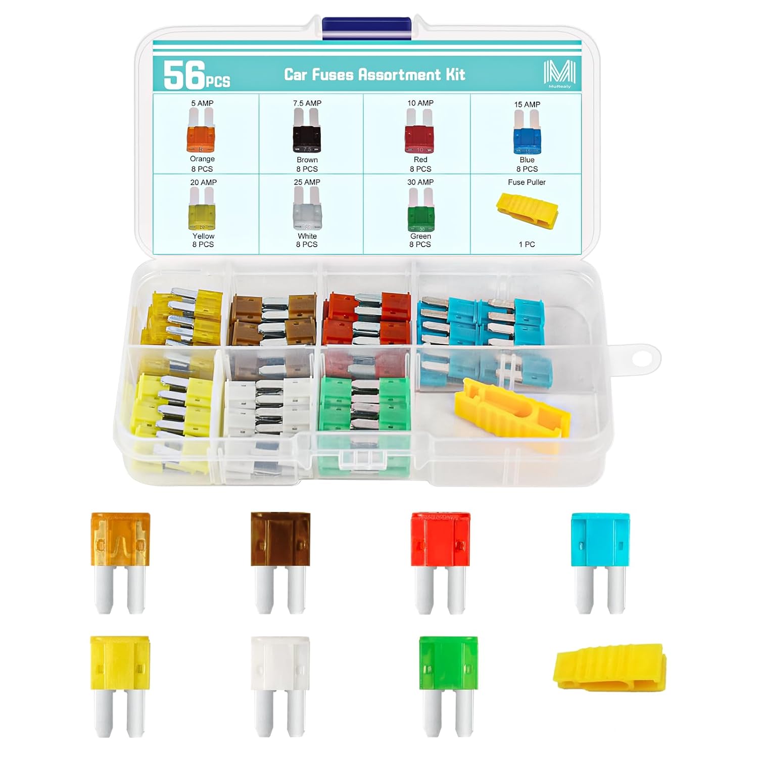 12. Kit de fusibles Micro2 – Surtido de fusibles Micro 2 56 piezas (5 7.5 10 15 20 25 30 AMP) con herramienta extractora, kit de fusibles ATR Micro2