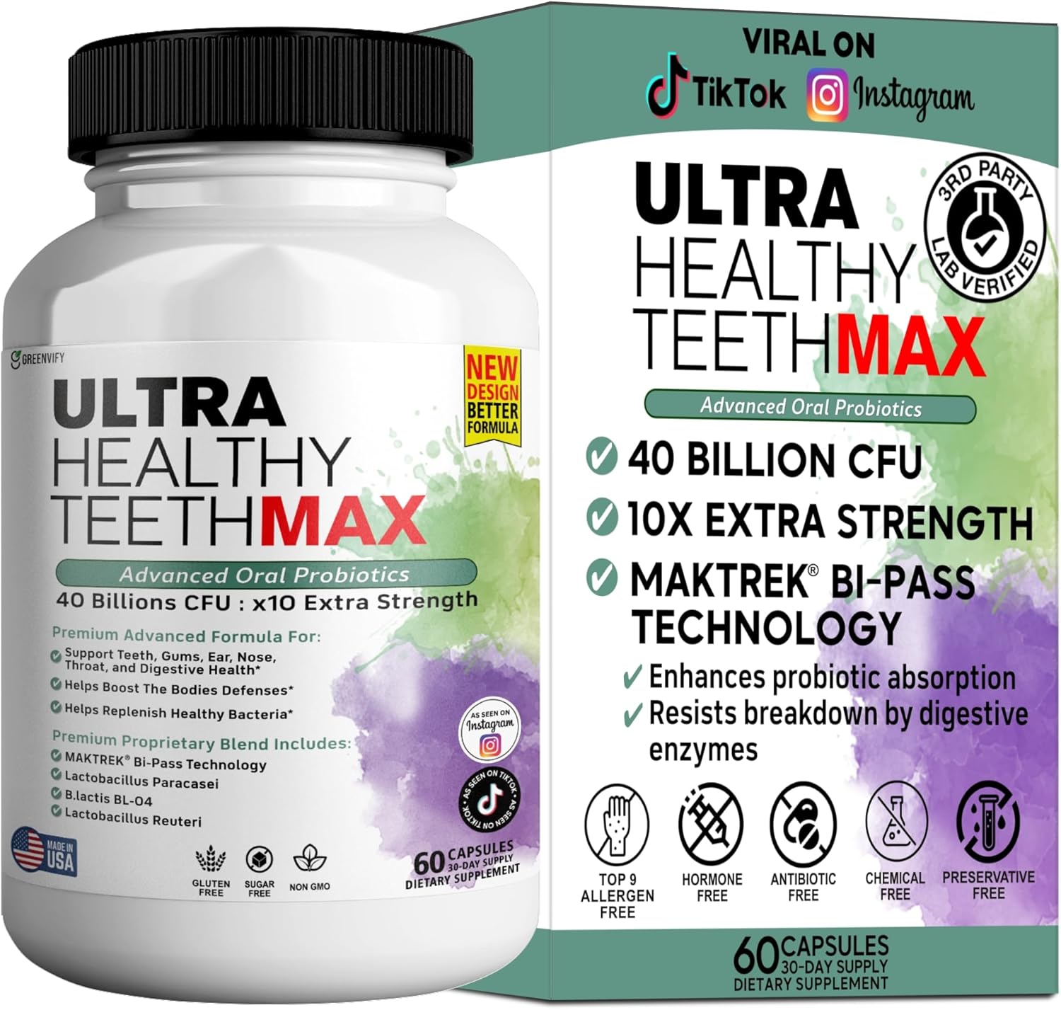 9. Suplemento probiótico Ultra Healthy Teeth Max, 40 mil millones de UFC, 60 cápsulas, fórmula avanzada de salud bucal (1)