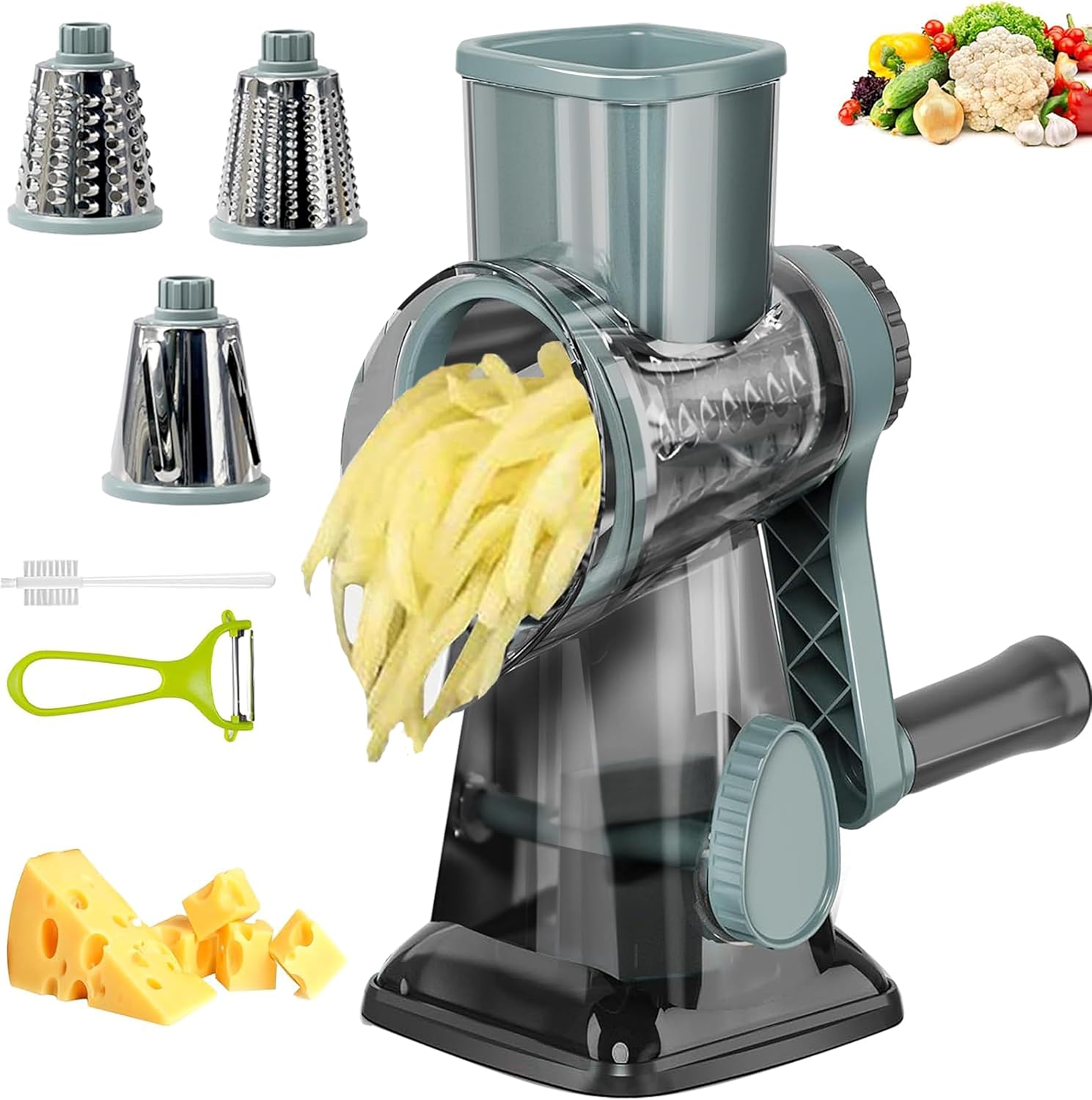 7. Rallador de queso con asa, rallador de queso giratorio manual multifuncional - rallador de queso corta fácilmente zanahorias, papas, verduras