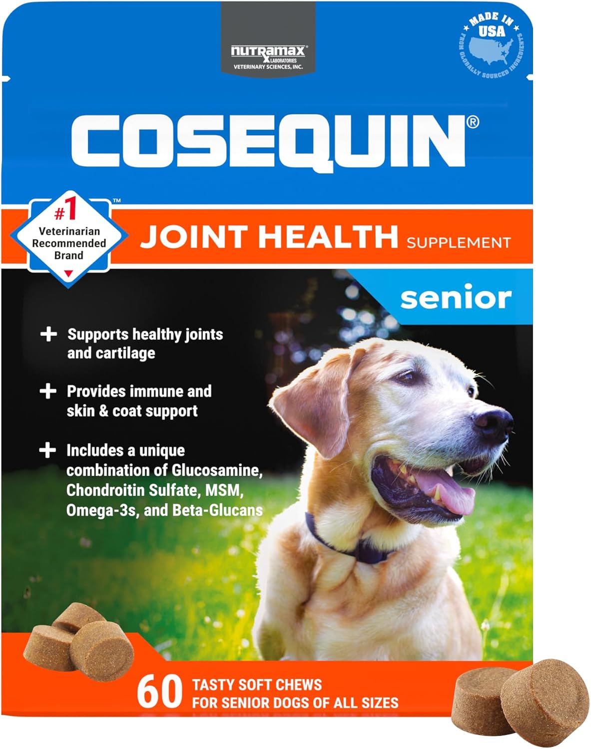 Nutramax Cosequin for Senior Dogs Suplemento de salud articular, contiene glucosamina para perros, condroitina, MSM, omega-3 y beta-glucano, apoya, producto más comprado en Heredia