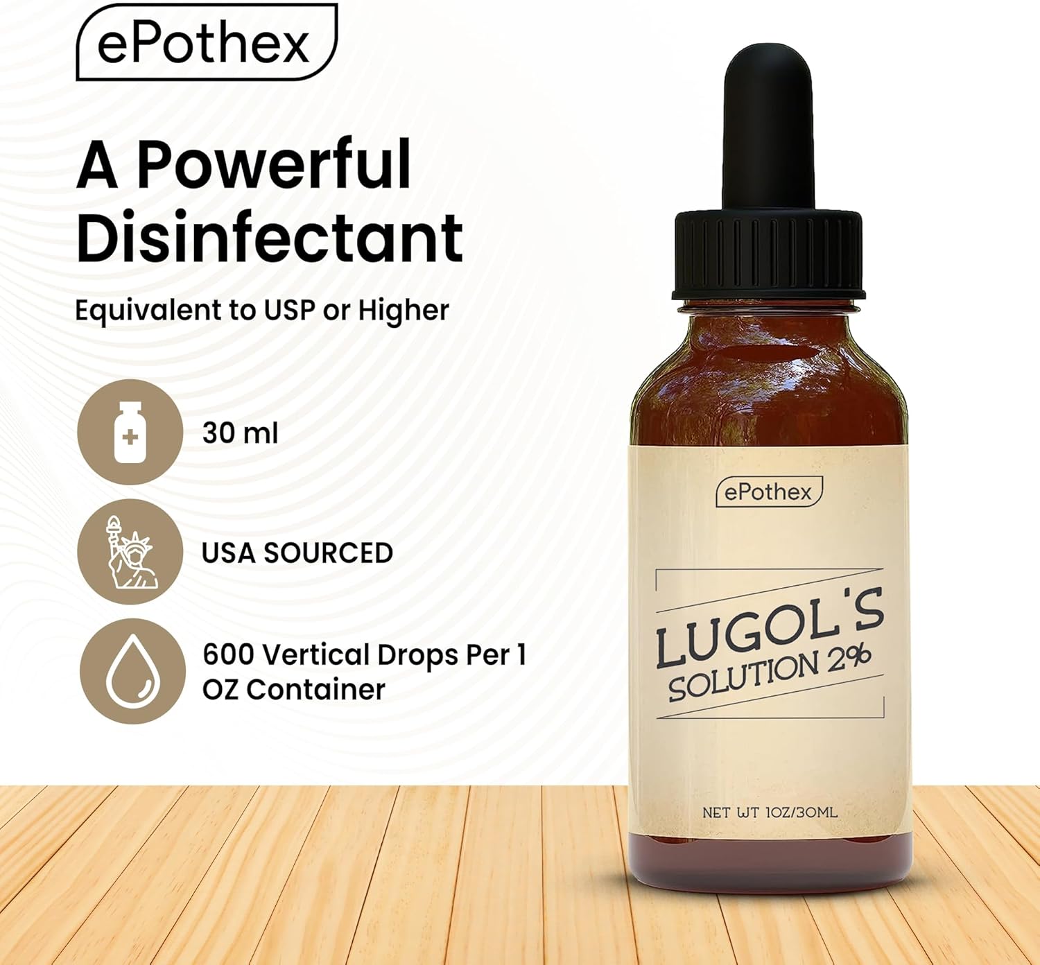 11. EPOTHEX Lugol's Solution - Botella con cuentagotas de vidrio al 2% de 1 oz. Contiene yoduro de potasio y yodo, 1.0 fl oz