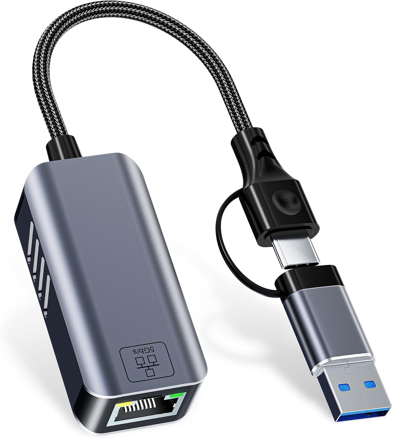 Adaptador USB C a Ethernet de 5 Gbps, USB-A y USB-C a RJ45 LAN 5000 Mbps convertidor de red con cable, adaptador USB a Ethernet compatible