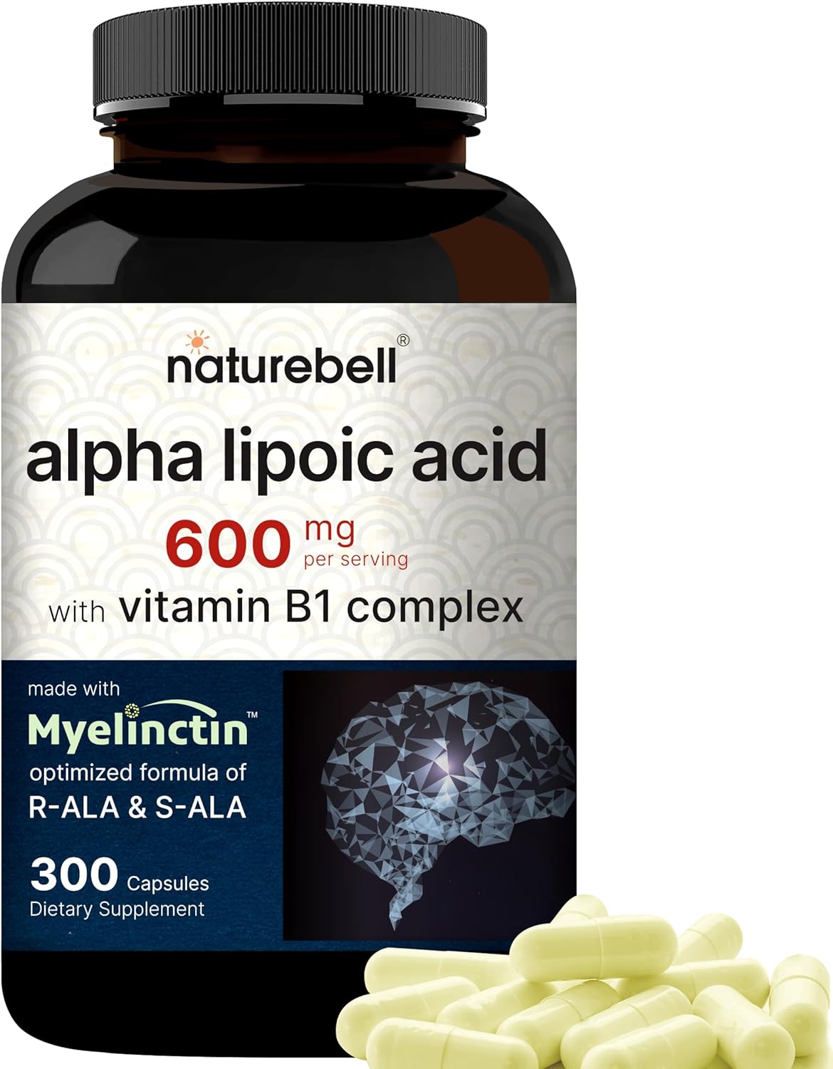 14. NatureBell Complejo de Ácido Alfa Lipoico, 600mg, 300 Cápsulas Fórmula Myelinctin 4-en-1 con R-ALA, S-ALA, Tiamina y Benfotiamina Alta Absorción