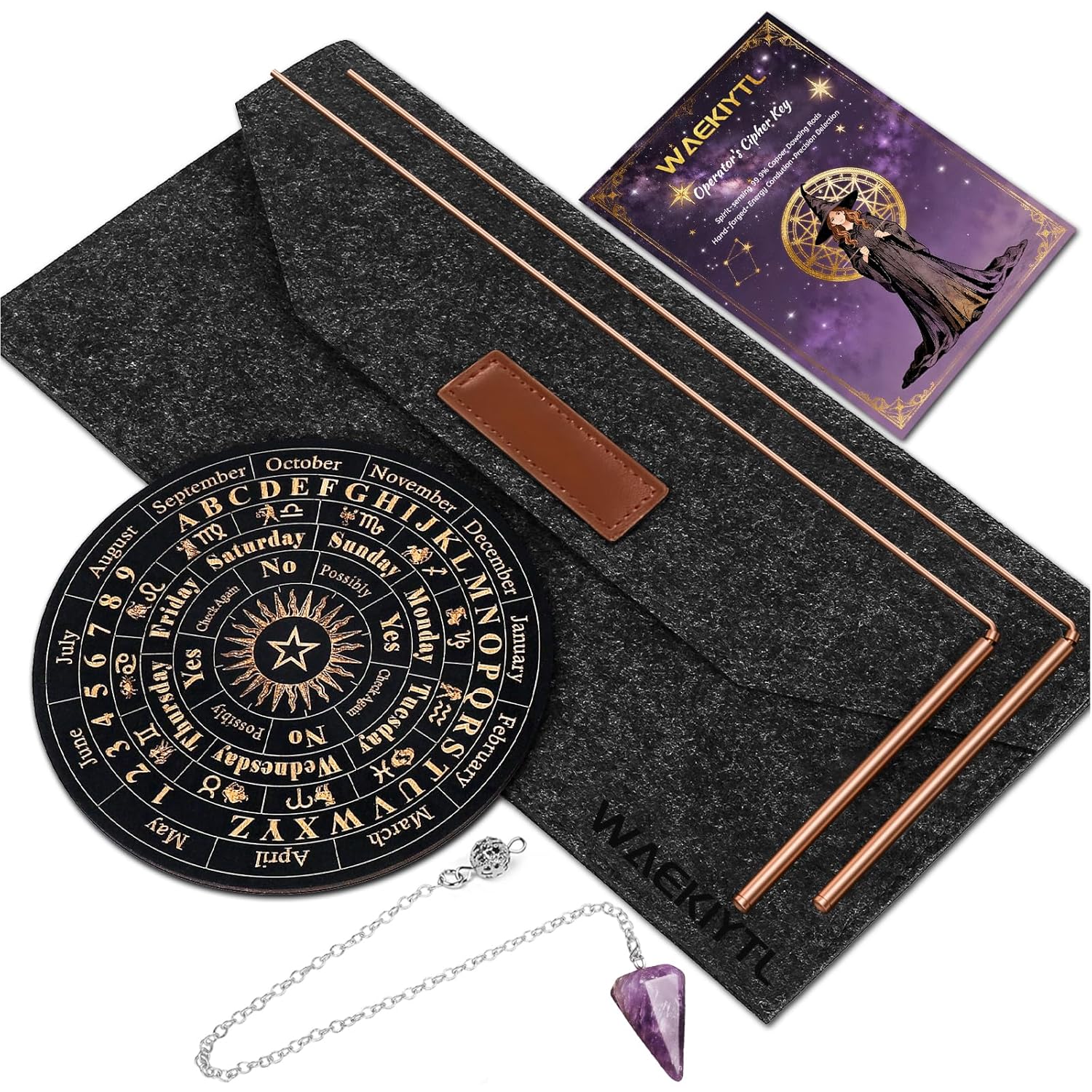 10. Kit de varillas de radiestesia de cobre, 99.9% de cobre puro con bolsa de regalo, juego de tablero de péndulo, herramientas de adivinación