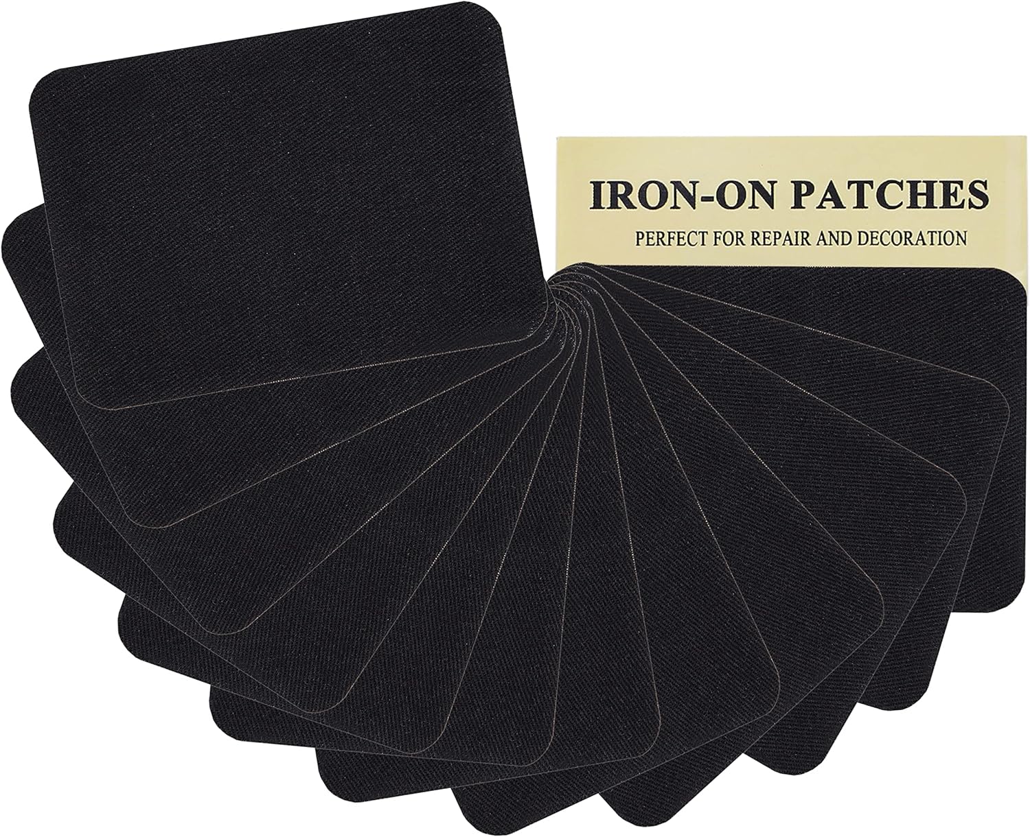 23. 12 piezas de parches termoadhesivos de tela de alta calidad, pegamento fuerte, kit de decoración de reparación 100% algodón negro, tamaño 3" x