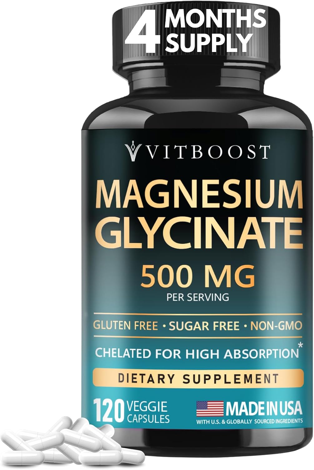 7. VITBOOST Glicinato de magnesio 500 mg - Suplemento quelado de alta absorción - Sin OMG, vegano - 120 cápsulas vegetales naturales - Fabricado