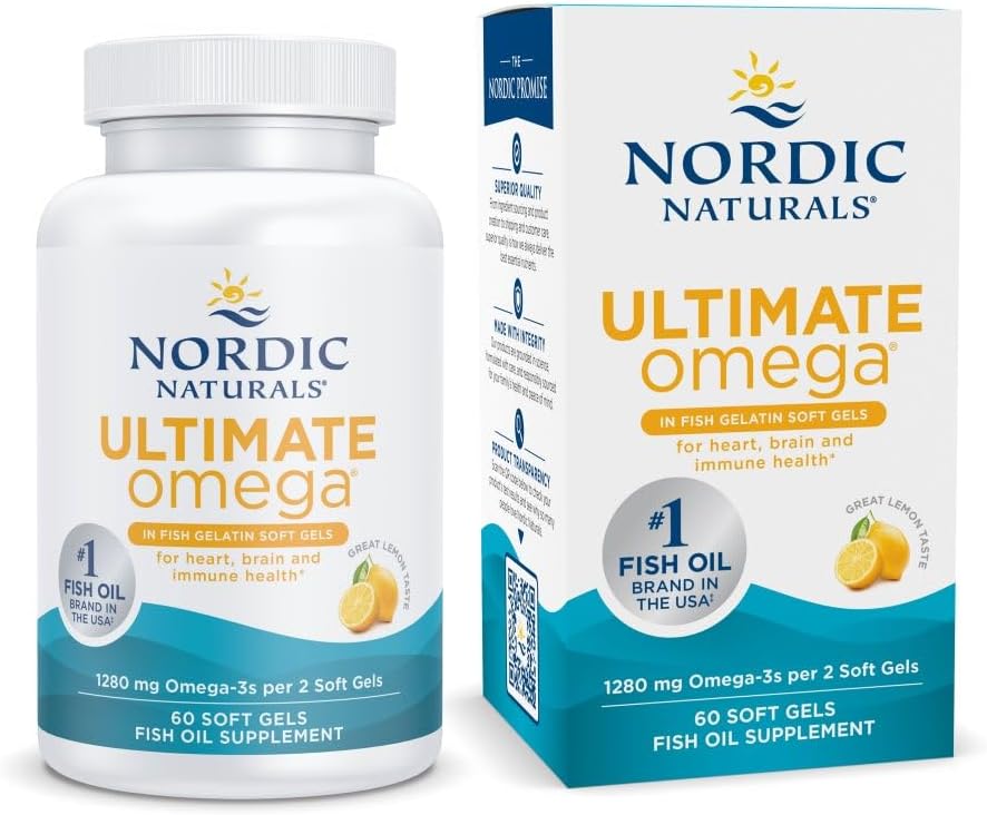 Nordic Naturals Ultimate Omega en gelatina de pescado, sabor a limón, 60 geles suaves, 1280 mg de omega-3, suplemento de aceite de pescado de alta