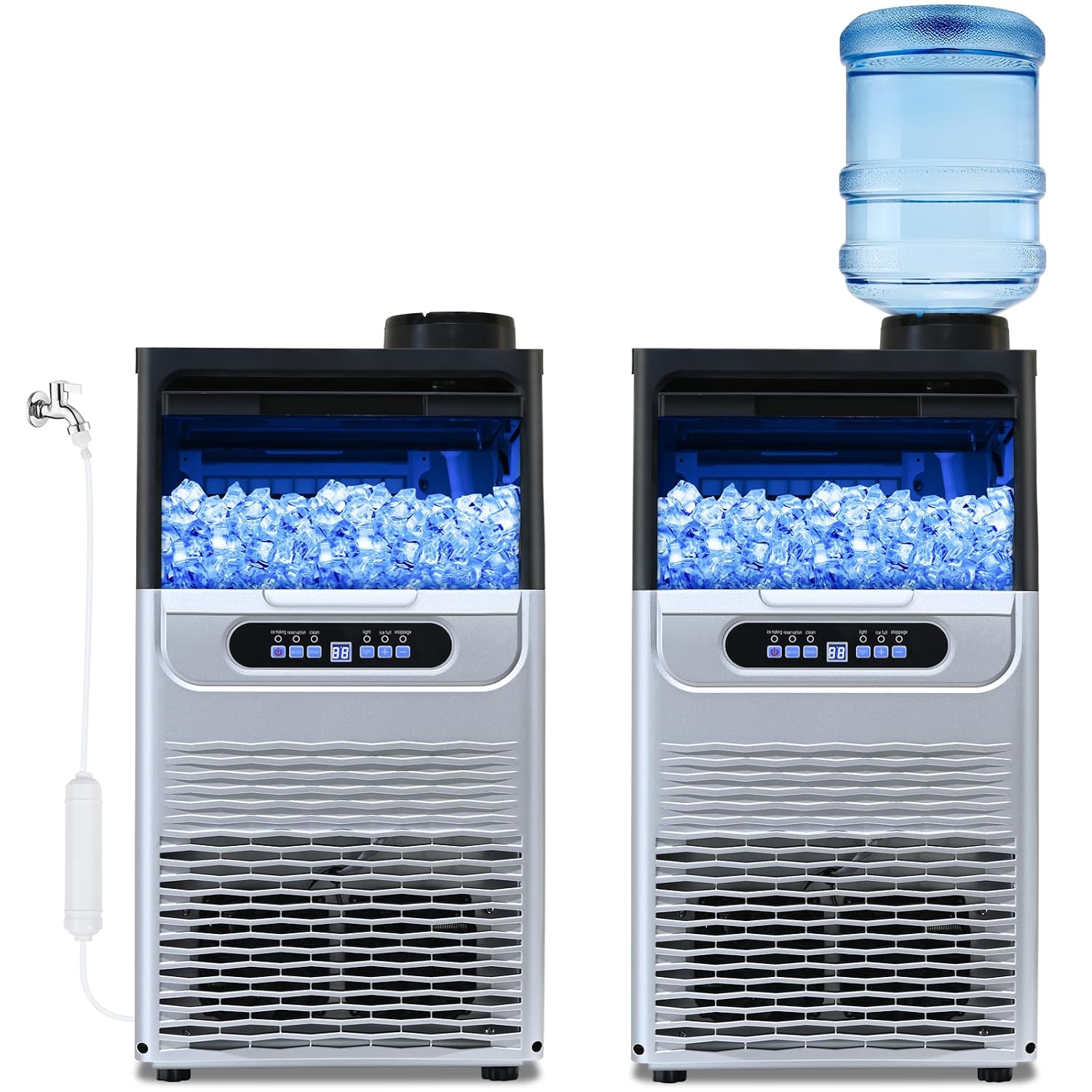 7. Amzgachfktch - Máquina comercial para hacer hielo, 100 libras/24 horas, máquina para hacer hielo con 2 modos de entrada de agua, capacidad de