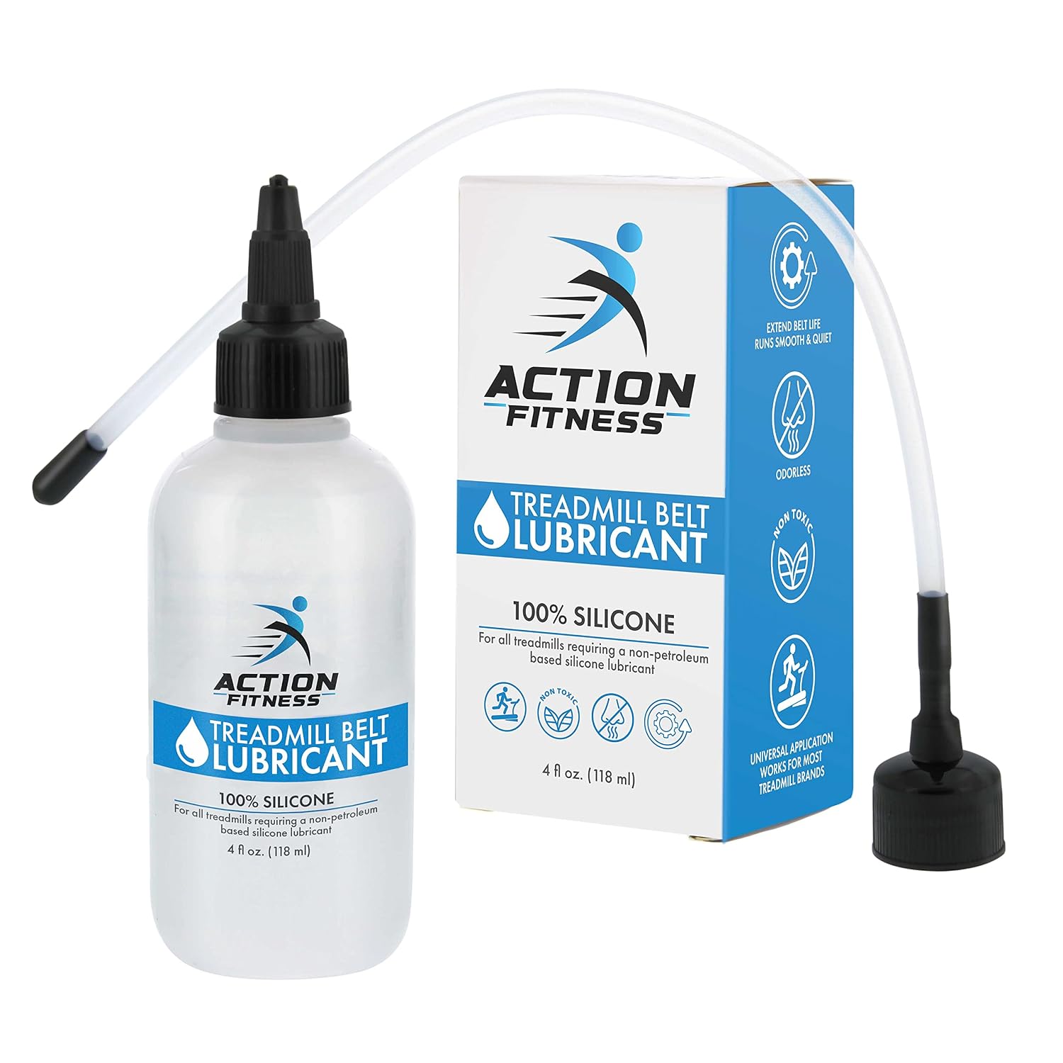 3. Action Fitness Lubricante de cinta de correr 100% silicona para mantenimiento de la correa, botella de 4 onzas, aplicadores duales para una fácil