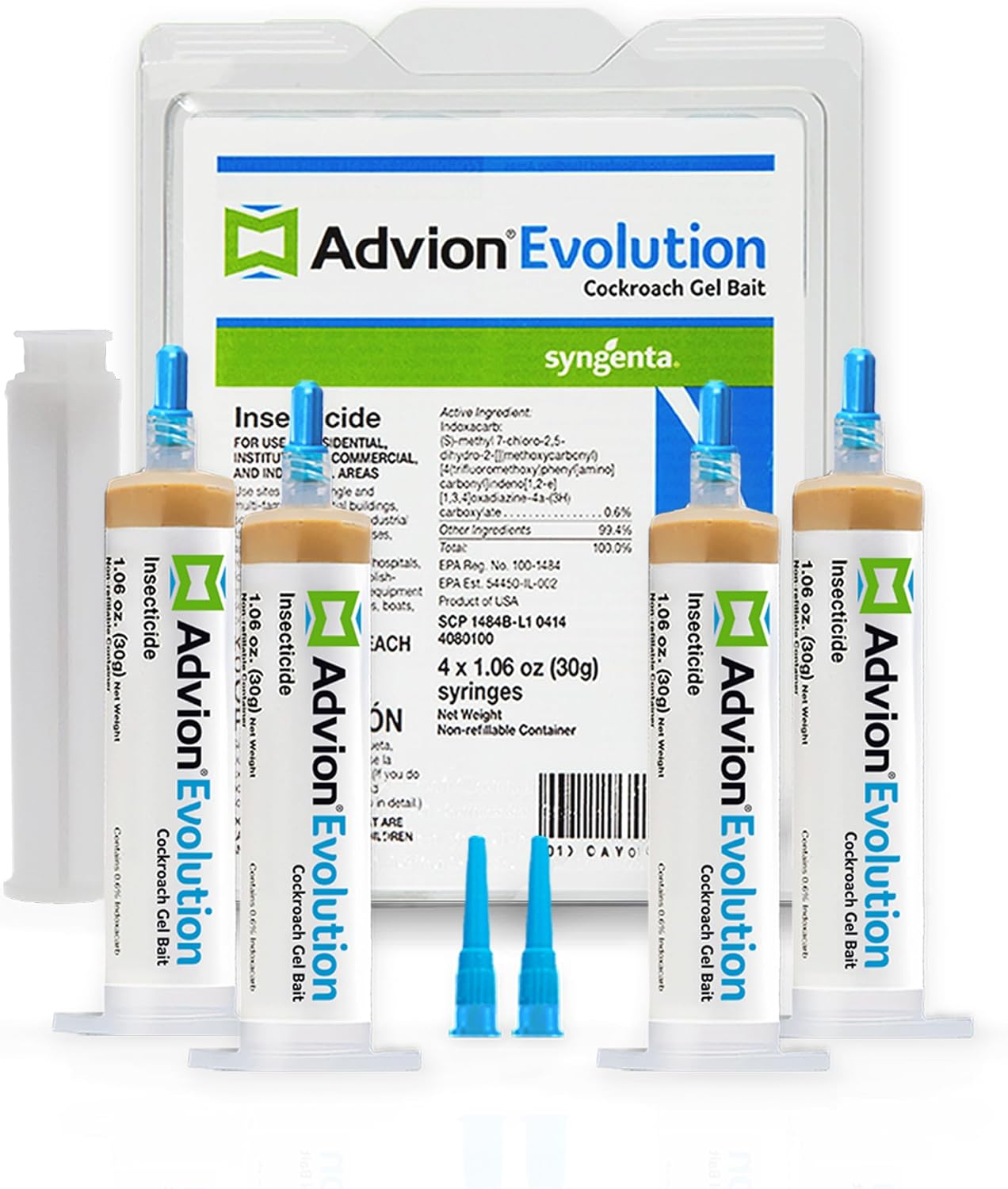Advion Evolution - Cebo de gel para cucarachas, 4 tubos x 1.06 oz, 1 émbolo y 2 consejos de aplicación, formulado con indoxacarb, fórmula mejorada